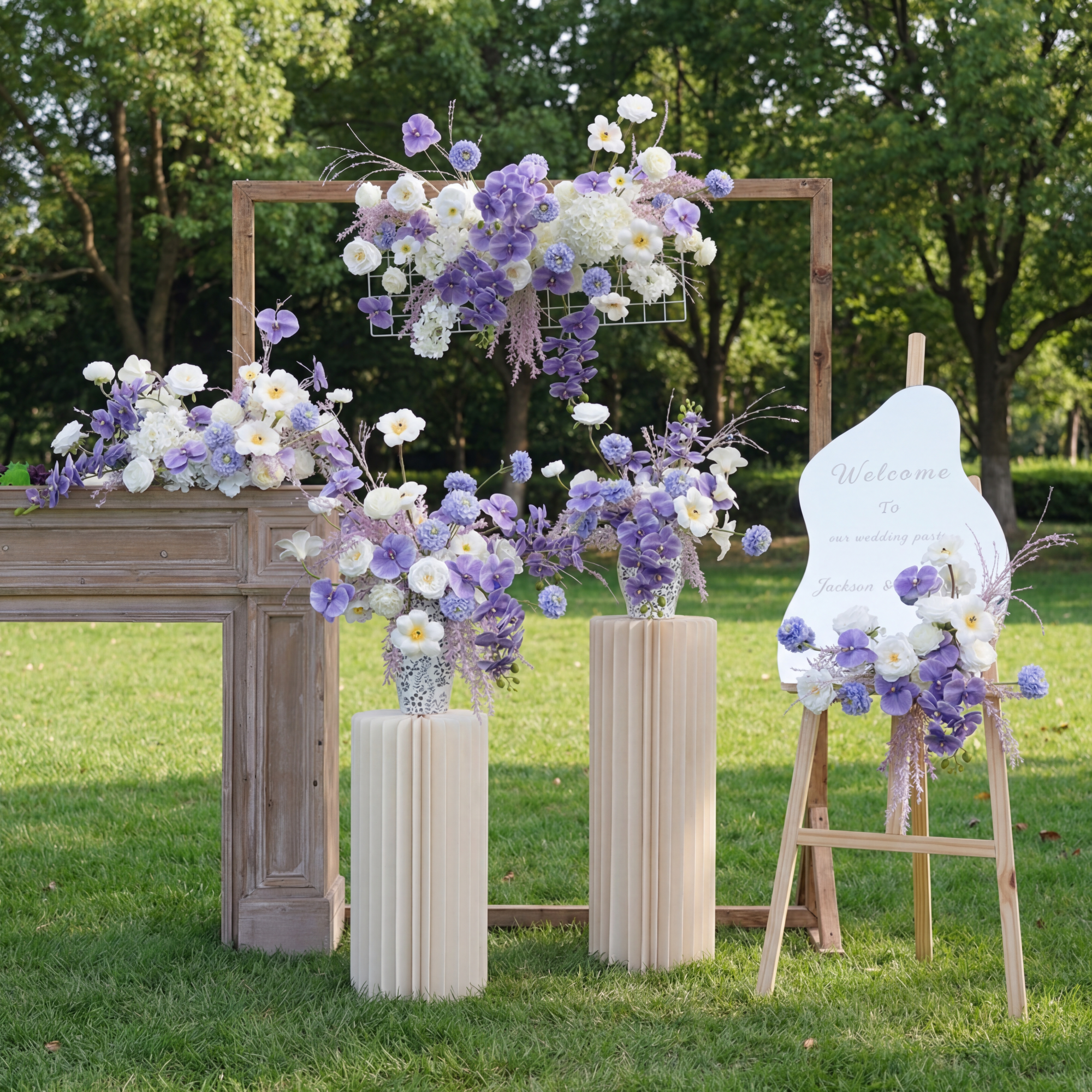 Pfirsich-weißes Kunstblumenarrangement – Romantisches Event-Tisch- und Schild-Styling-Set FA-263