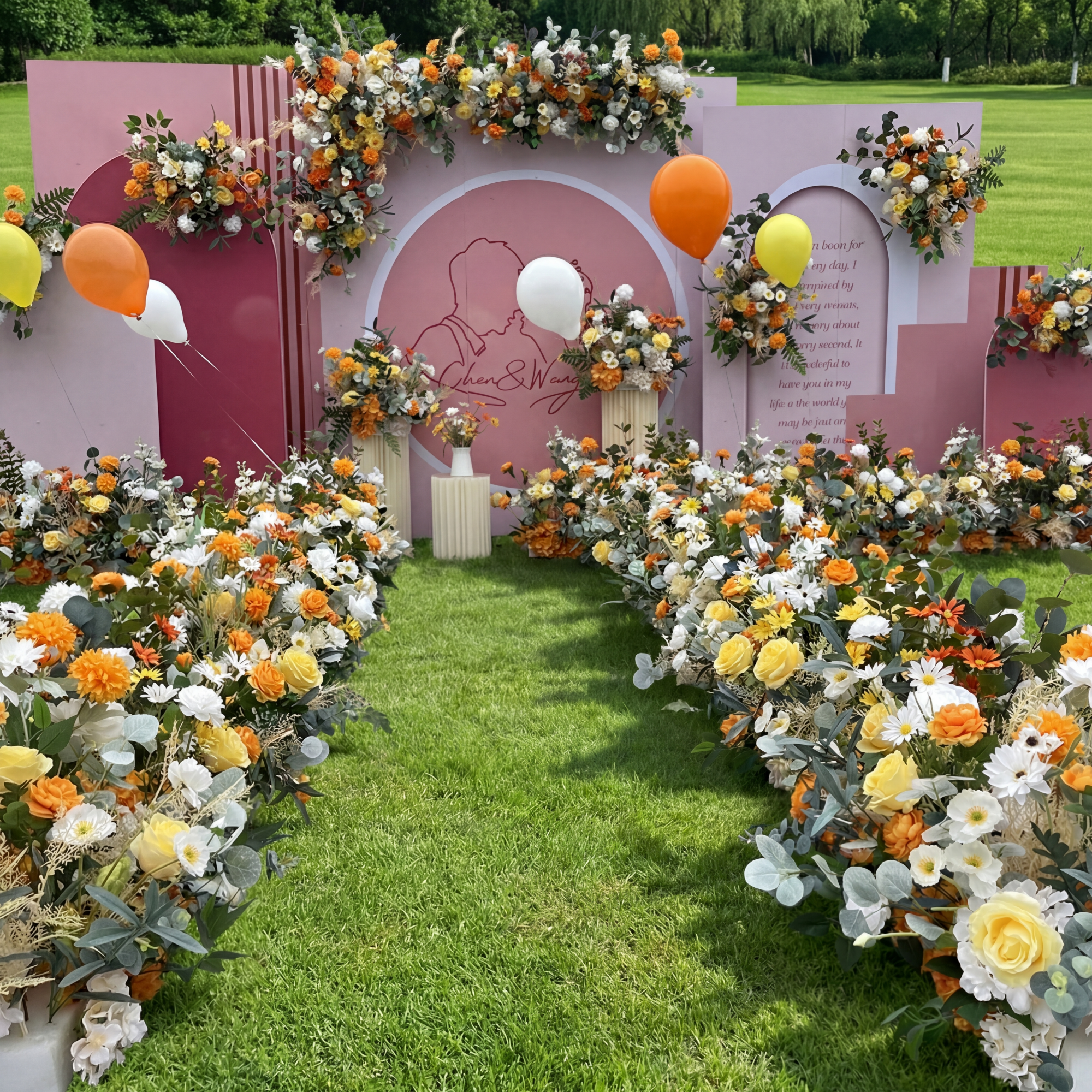 Valar Flower Fresh Yellow-Orange Faux Floral Aisle Runner — Eucalyptus Wedding Runway Decoration WF-122