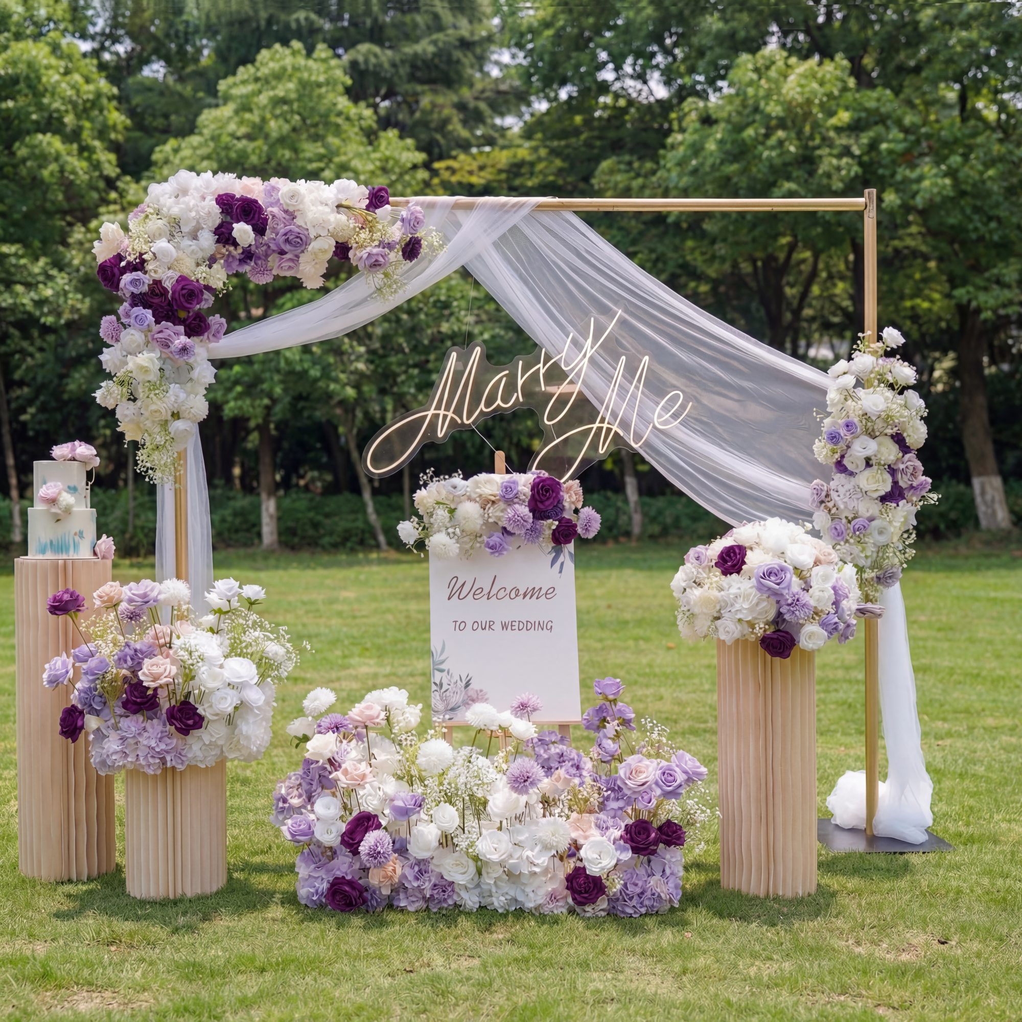 ValarFlower Purple & White Wedding Flower Decor Set – Artificial Floral Arch, Centerpieces & Ground Arrangements for Party, Ceremony & Event Backdrop VF-418-8