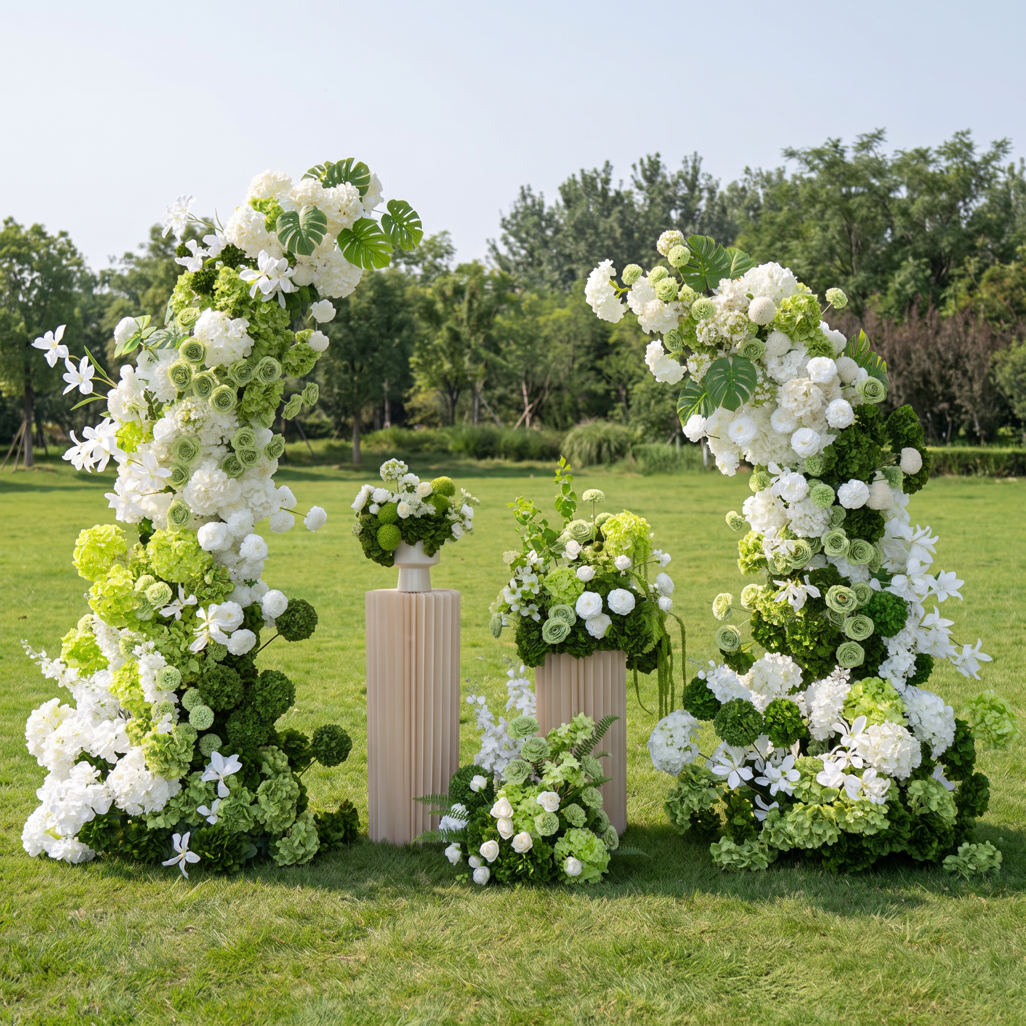ValarFlower Luxury Artificial Wedding Arch Floral Installation, White & Green Faux Flower Ceremony Backdrop, Garden Wedding Decor, Outdoor Event Entrance Decoration VA-411