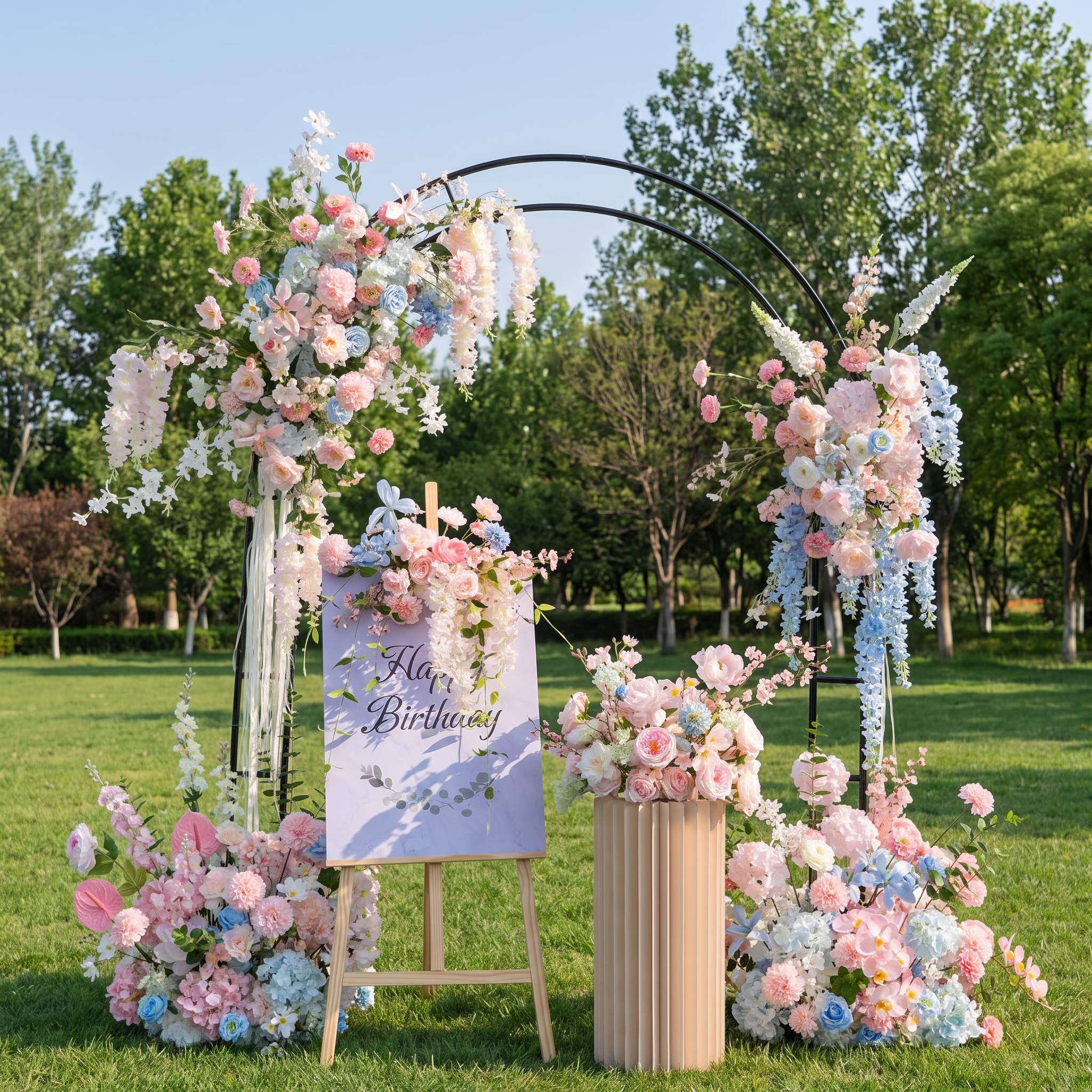 ValarFlower Luxury Artificial Wedding Arch Floral Installation, Pastel Pink & Blue Faux Flower Ceremony Backdrop, Garden Party Decor, Event Entrance Decoration with Floral Arrangements FA-358