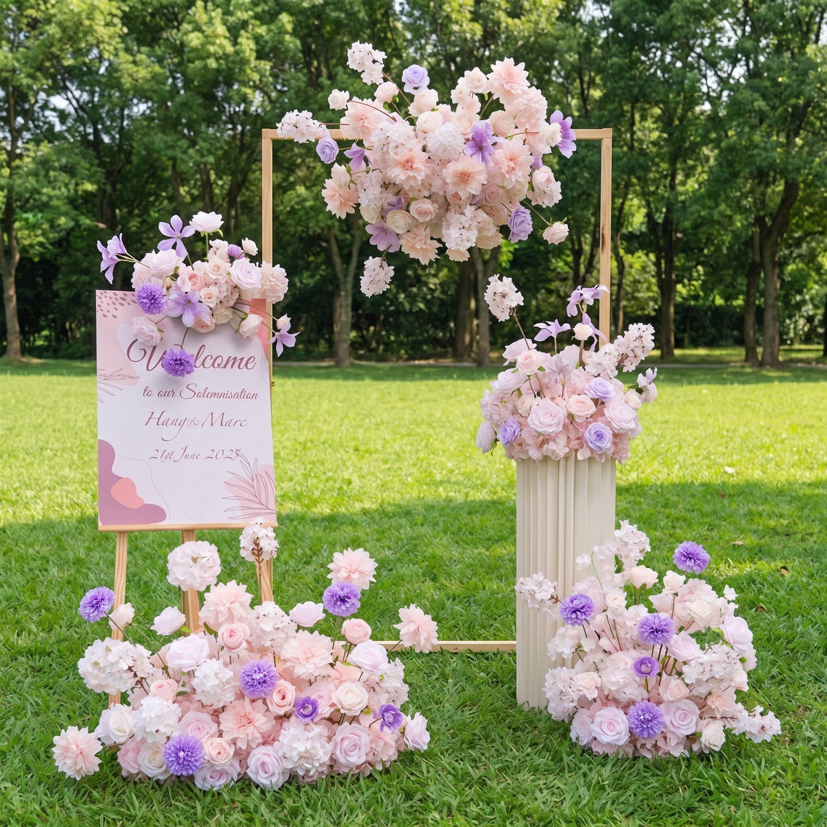 Pfirsich-weißes Kunstblumenarrangement – Romantisches Event-Tisch- und Schild-Styling-Set FA-263