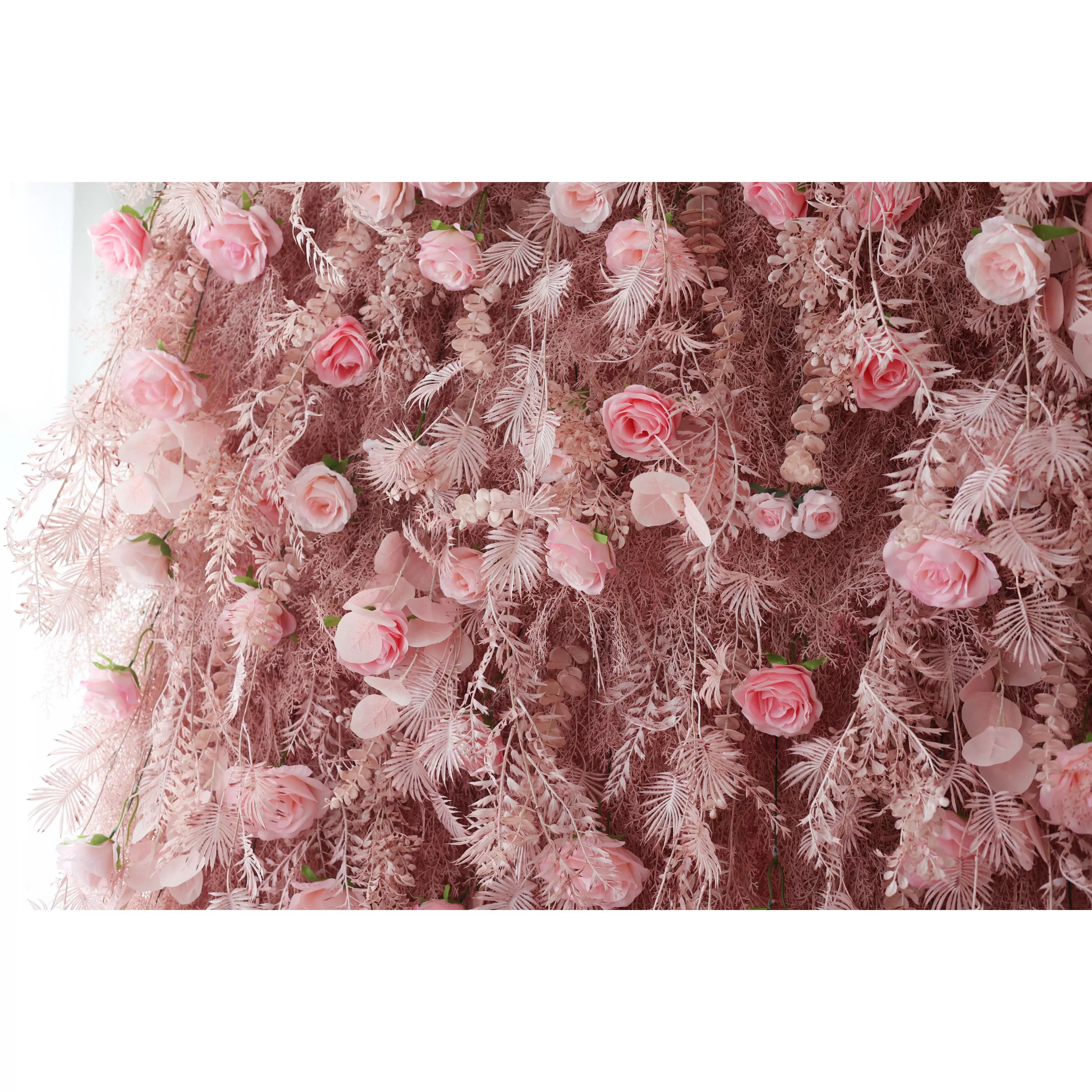 フロステッドファーンのアクセントが施された赤面ピンクの花壁:洗練されたお祝いのためのロマンスと whimsy の出会い - VF-202-3