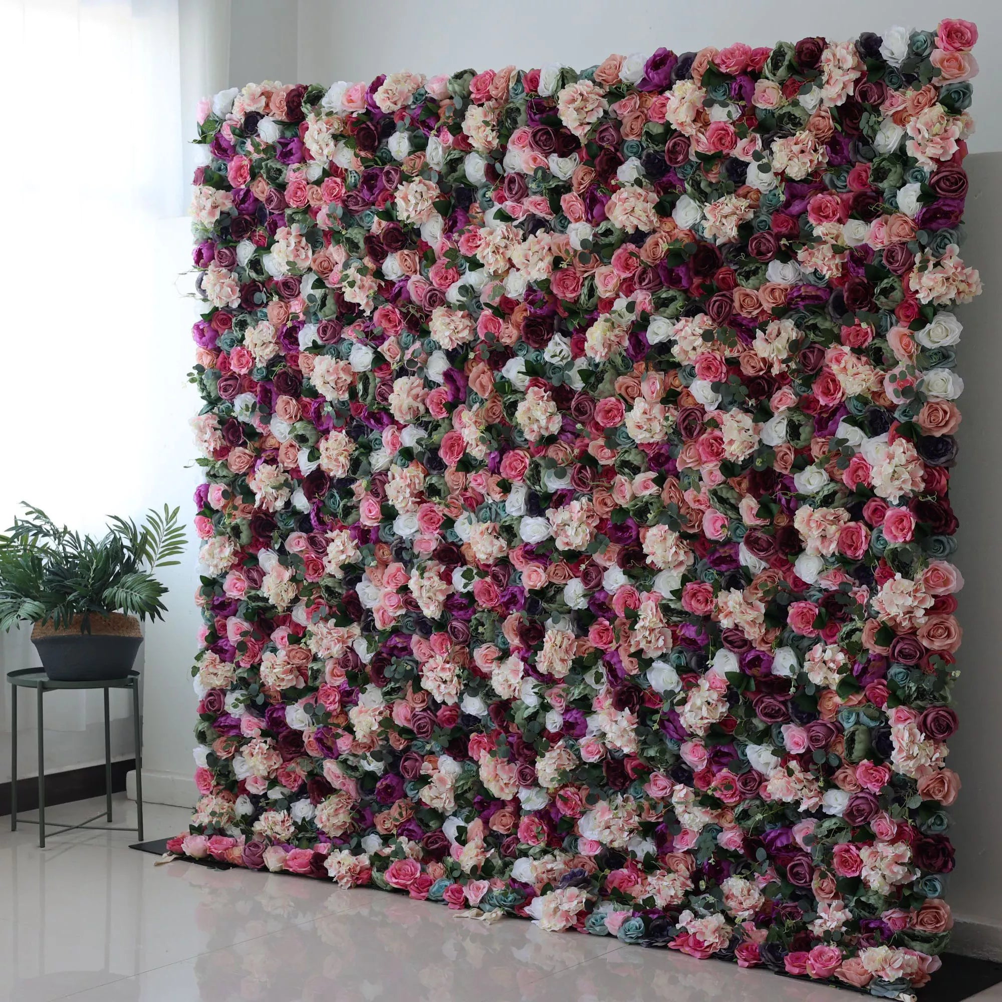 Valar Flowers artificial mixed floral fabric backdrop with eggplant purple and white colors for weddings and events - VF-0801