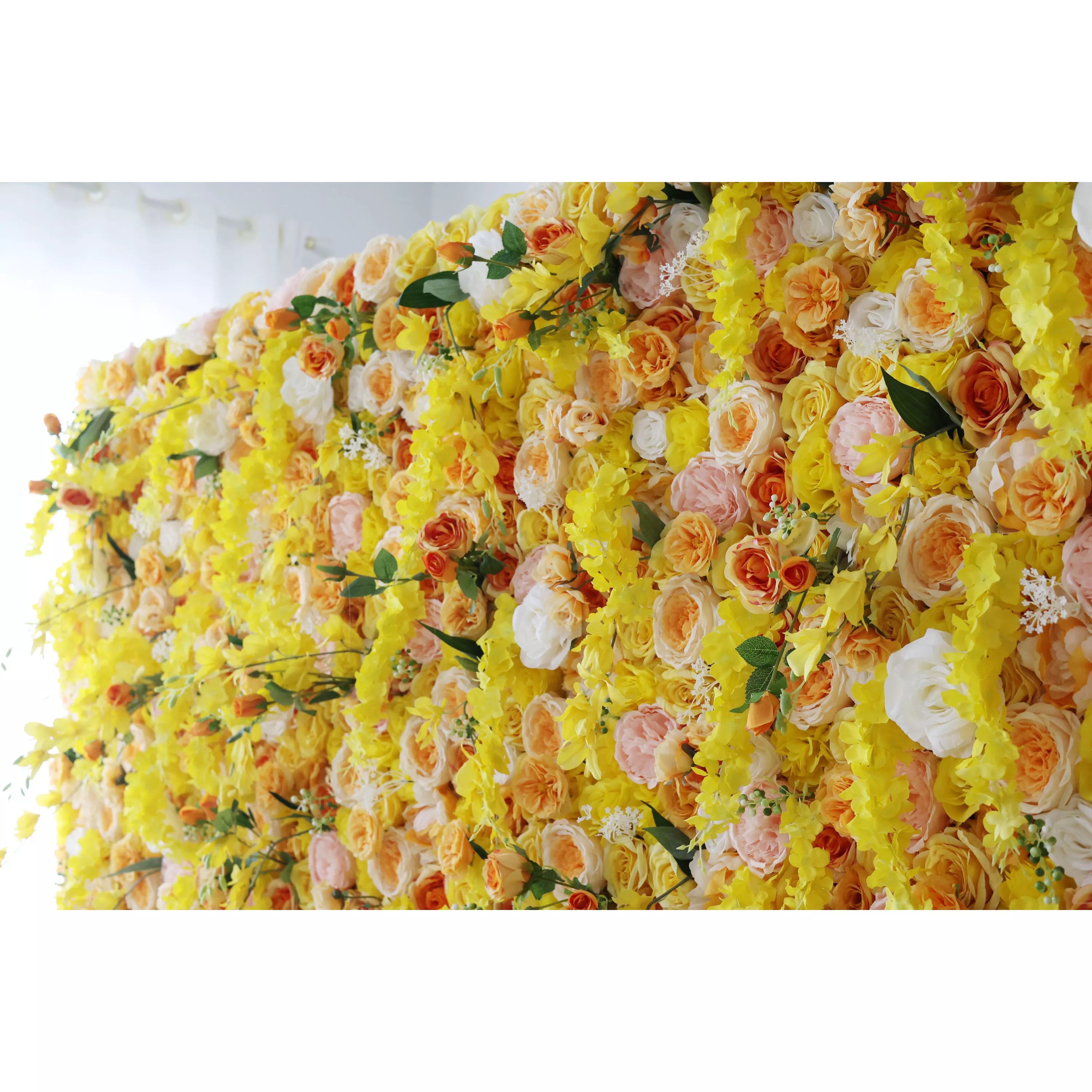 ValarFlowers 人工フラワー壁面バックドロップ: サンライトシンフォニー - 輝く黄金の花の滝 - VF-252