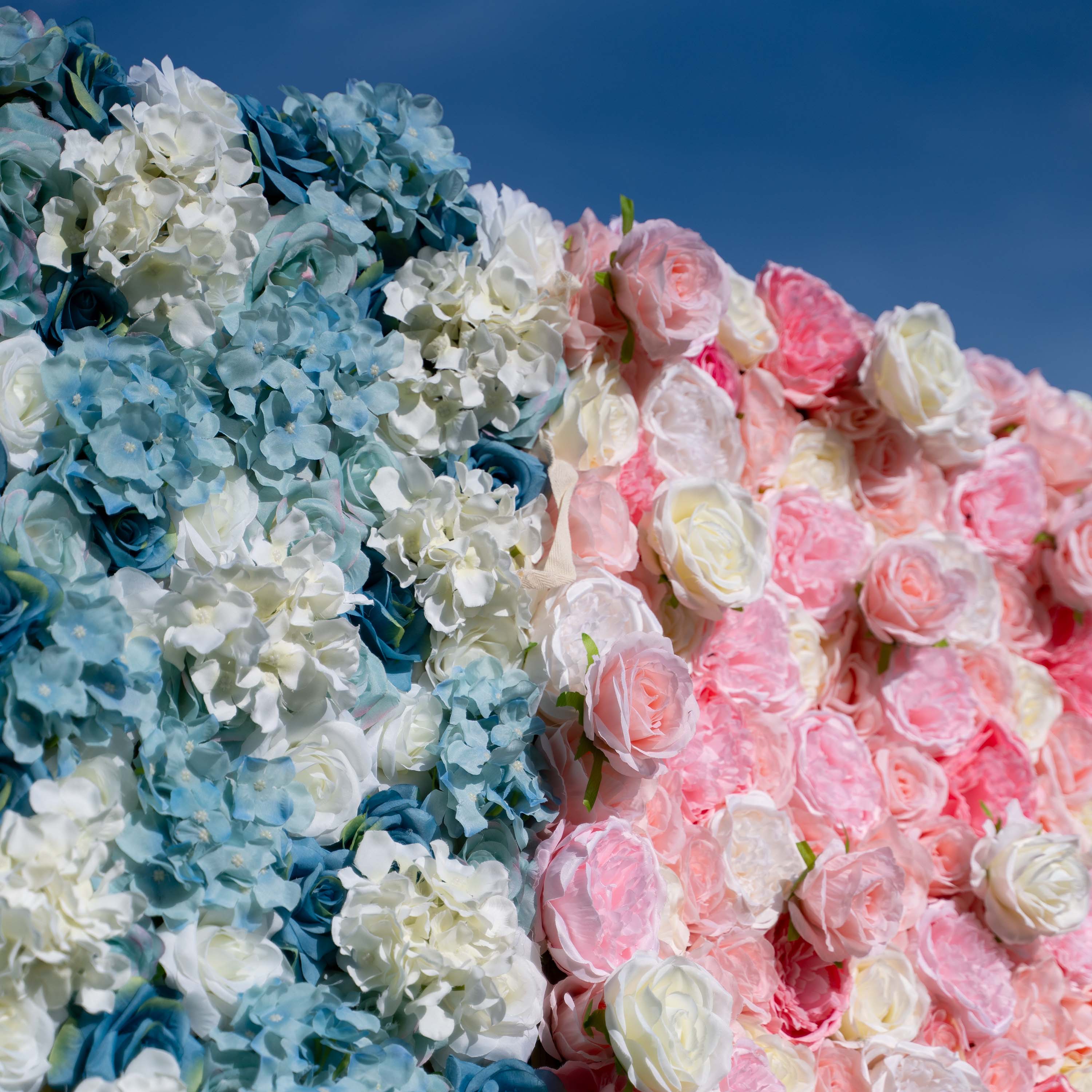 Baby Shower & Gender Reveal Party Flower Wall Backdrop - Blue & Pink Roll-Up Fabric Flower Decorations -Celebration Decor