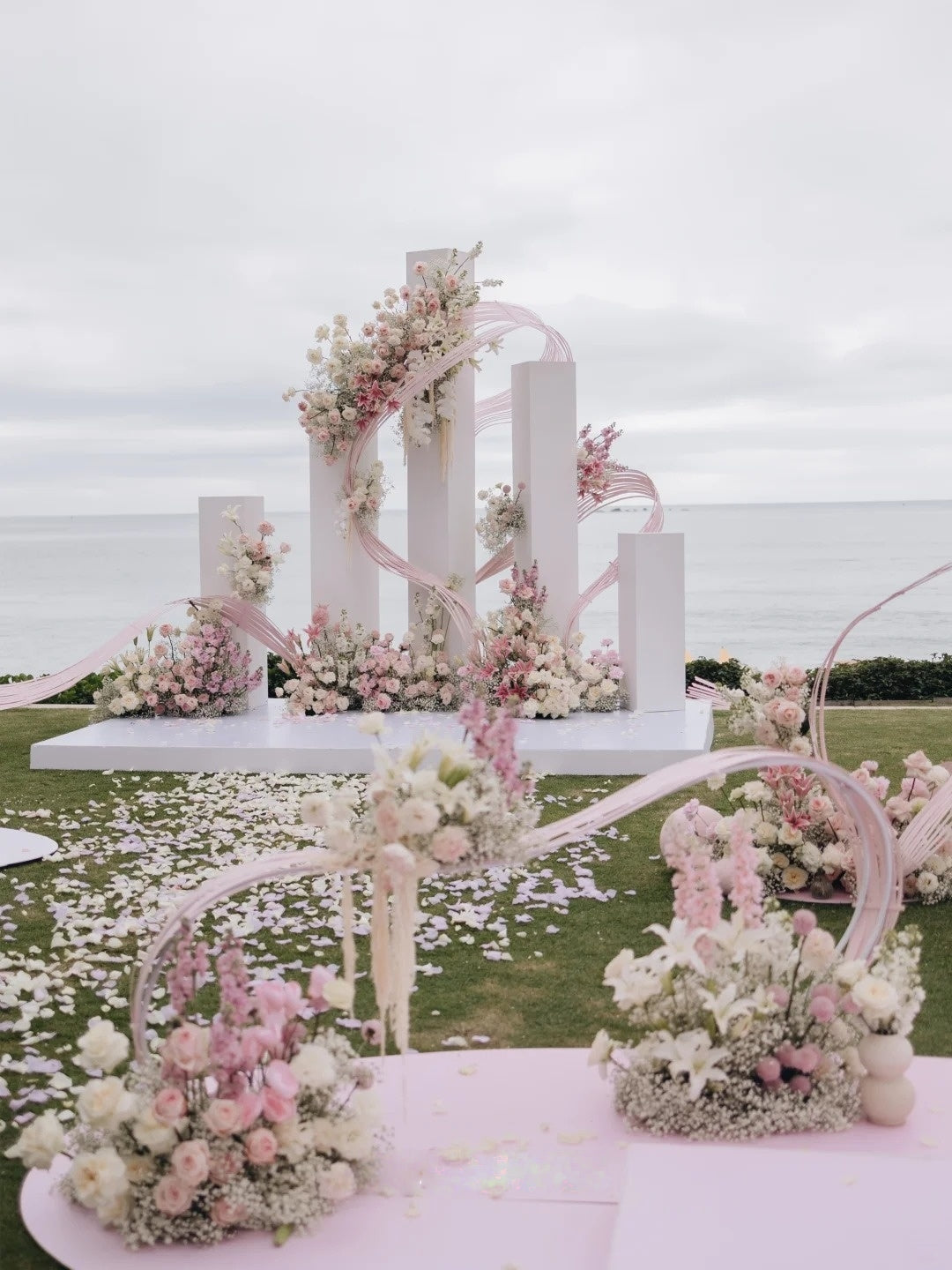 Modern Blush Seaside Wedding Inspiration with Sculptural Florals and Soft Pink Details