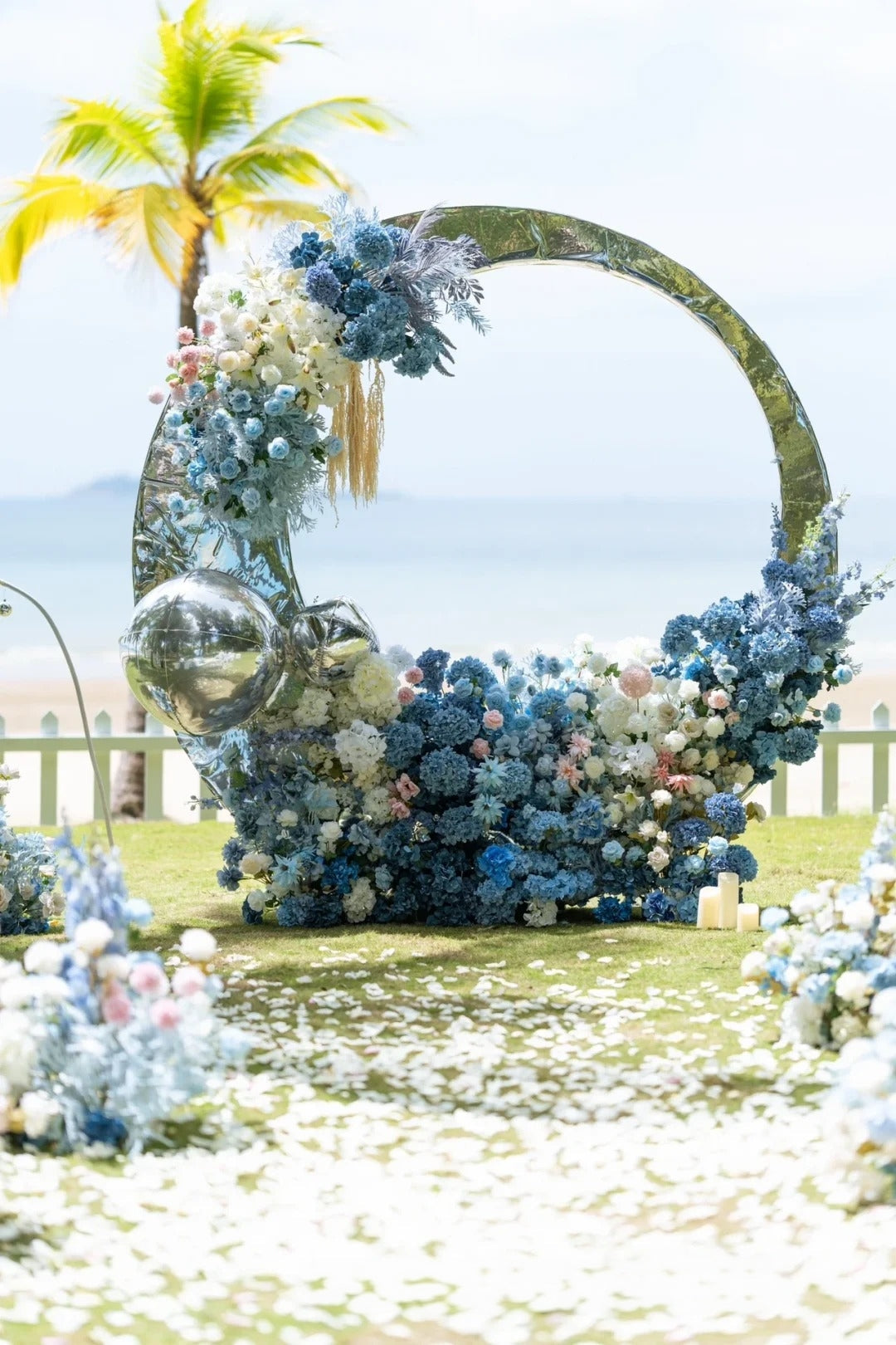 Blue Seaside Wedding Inspiration with a Dreamy Mirror Floral Arch
