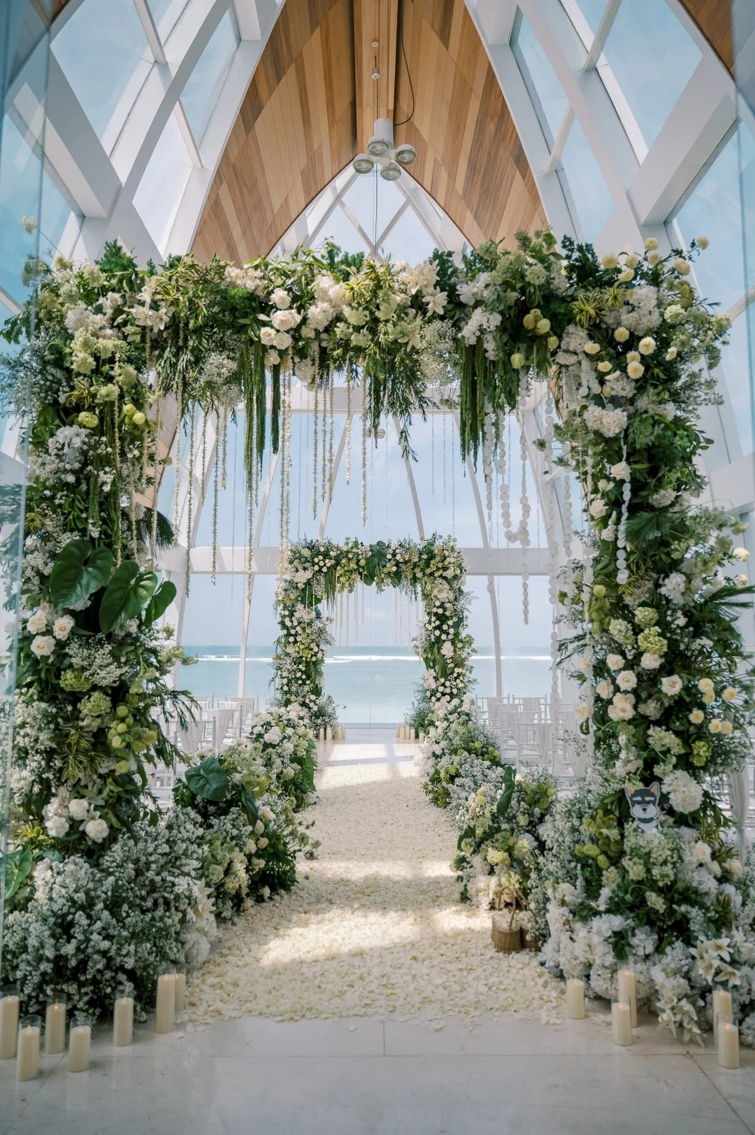 Bali Glass Chapel Wedding Inspiration with White and Green Florals