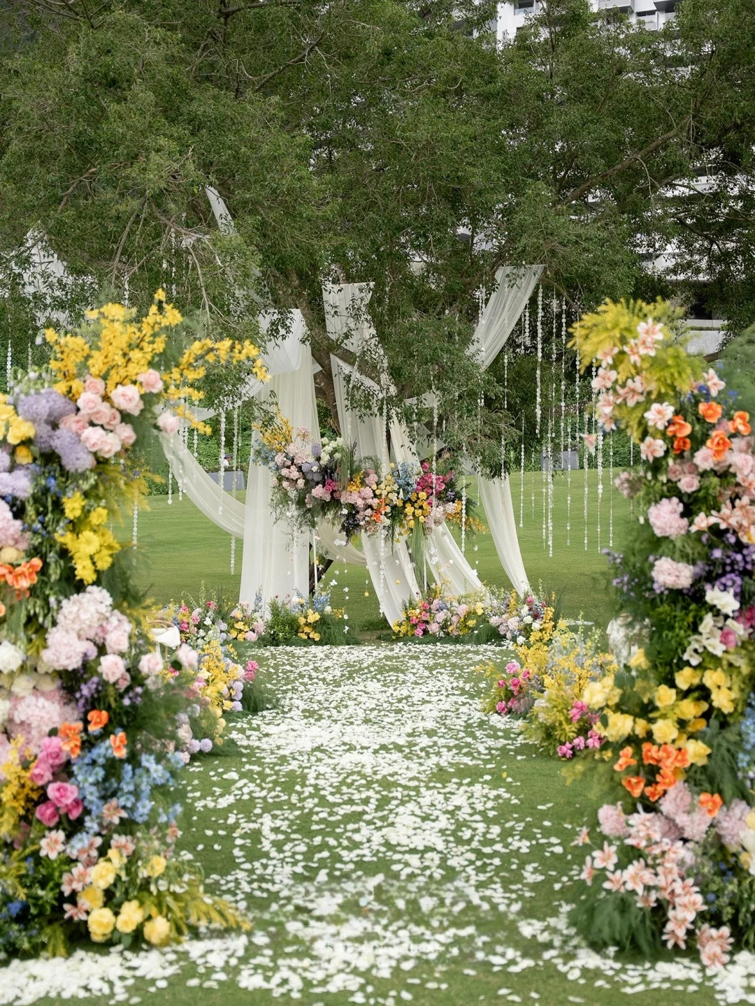 🌸 Outdoor Garden Wedding Inspiration with Colorful Florals and Soft Draped Romance