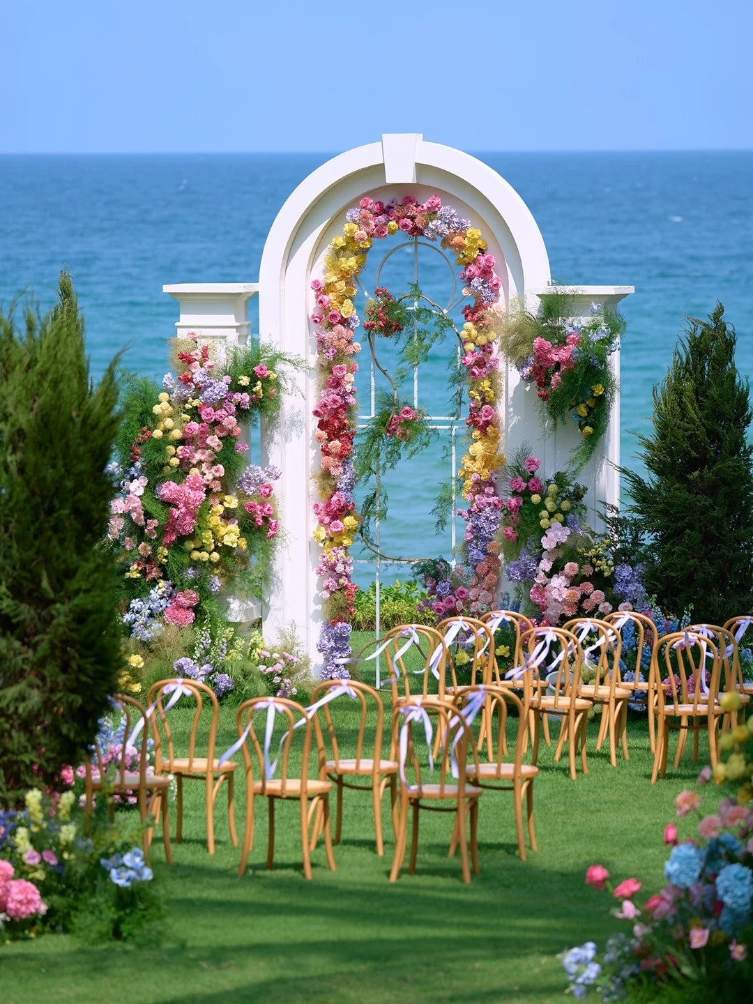 Colorful Seaside Garden Wedding Ideas with Romantic Floral Arch Decor