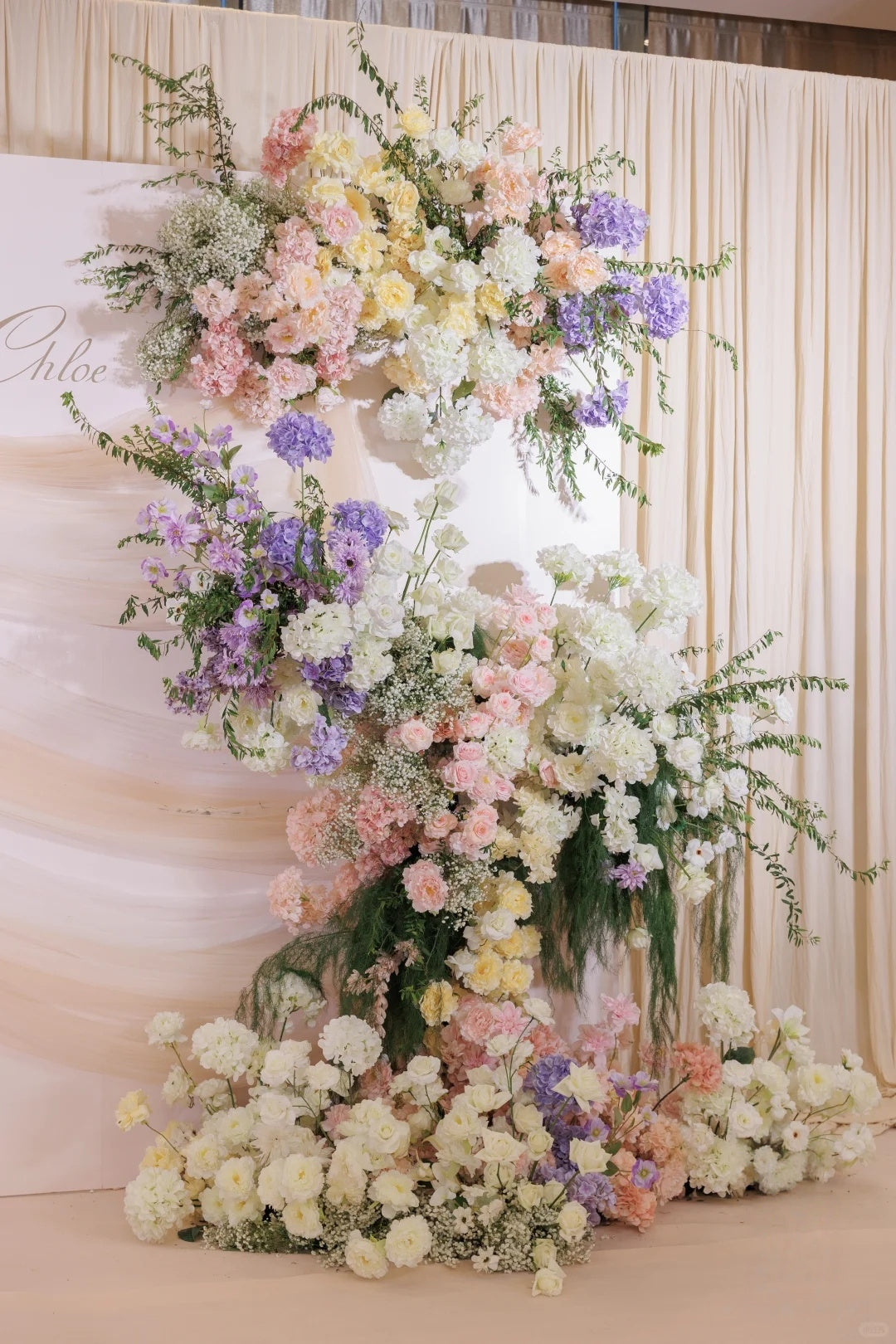 🌿 Soft Cream Draped Wedding Inspiration with Pastel Florals and Romantic Indoor Styling