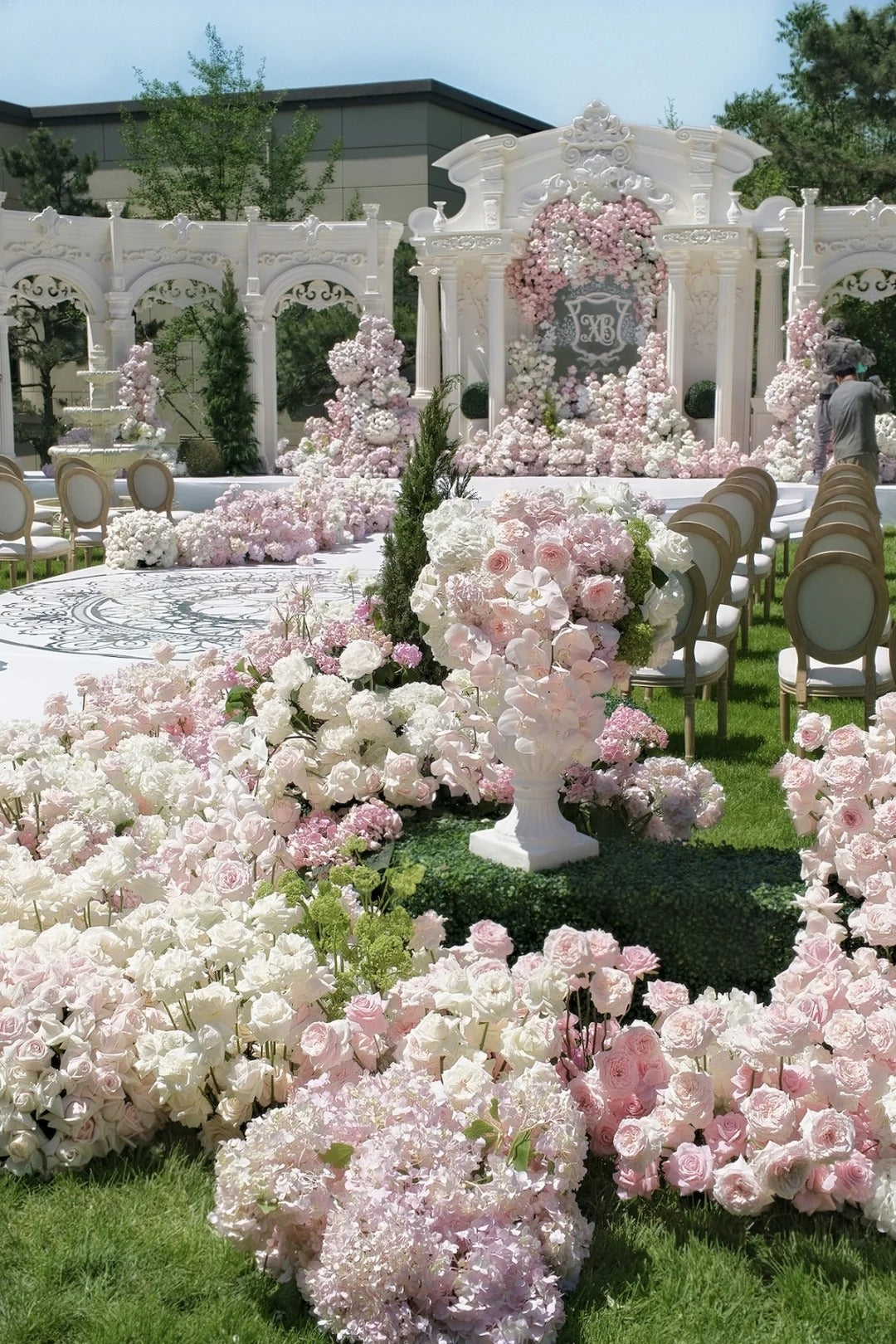 French Rococo Wedding Ideas with Pink and White Flowers and Elegant Garden Decor