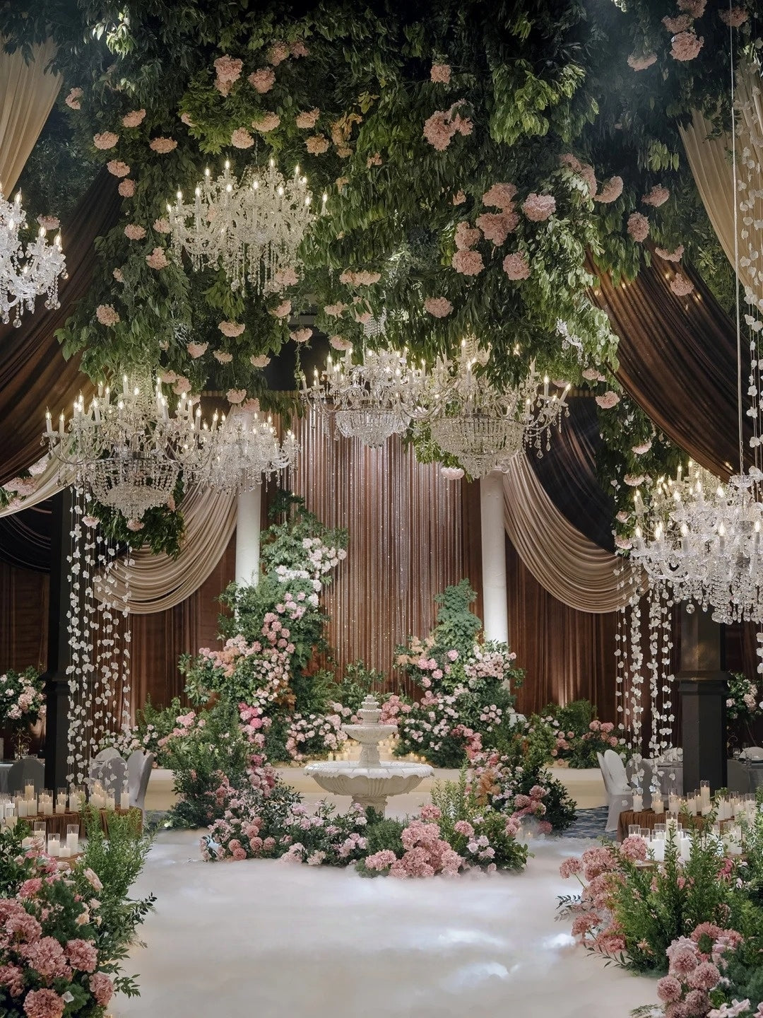 Romantic Indoor Garden Wedding Inspiration with Crystal Chandeliers and Pink Floral Decor