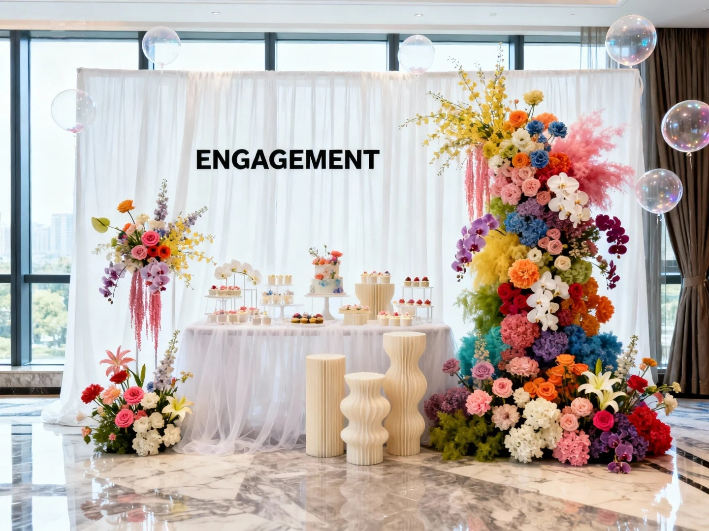 🌈 Engagement Party Decor Ideas with Colorful Floral Installations and Dessert Table Styling