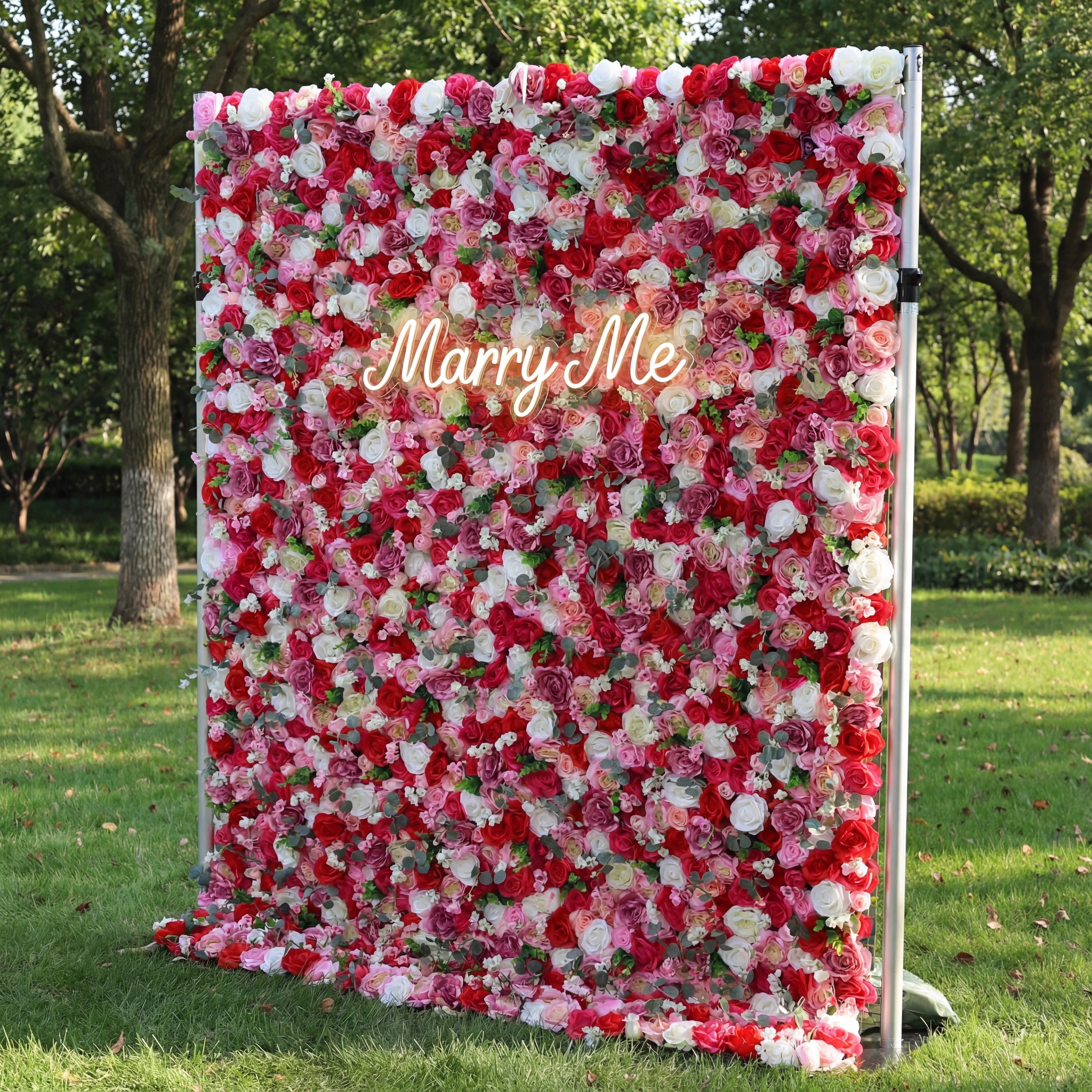 Valar Flowers Roll Up Fabric Artificial Rosewood Red Roses And White Roses With Camo Green LeavesFlower Wall Wedding Backdrop, Floral Party Decor, Event Photography-VF-008