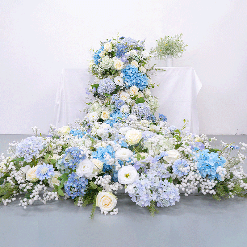 Elegant Blue and White Floral Wedding Table Runner, Artificial Flower Arrangement, Reception Decor & Event Display FA-215