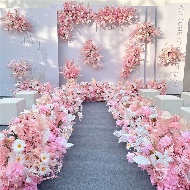 Valar Flower Pink Wedding Aisle Floral Runner — Faux Silk Flower Pathway Decor & Corner Arrangements WF-119