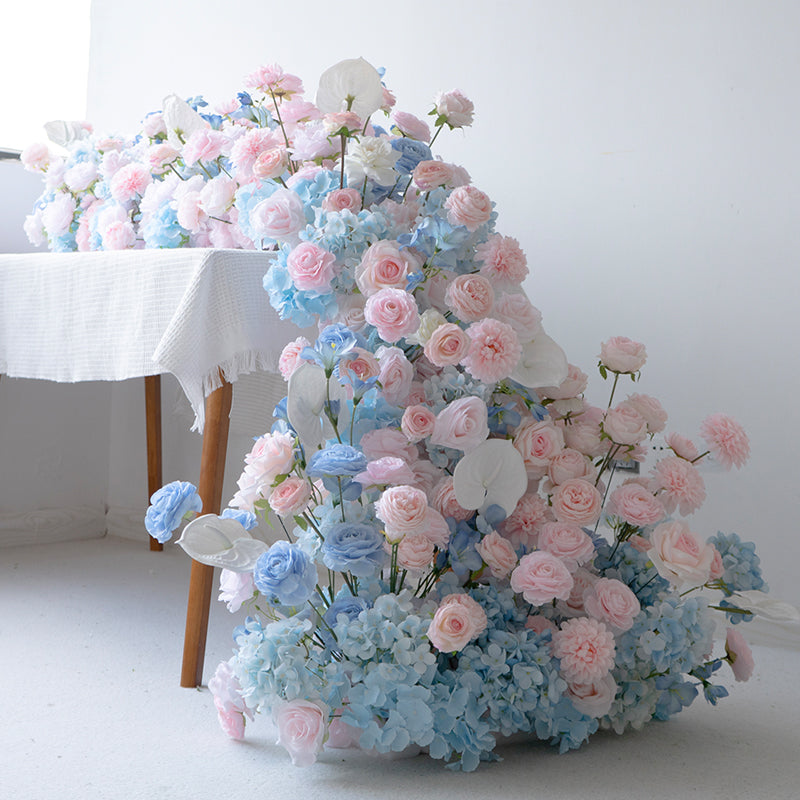 Pastel Pink and Blue Floral Wedding Table Runner, Artificial Flower Arrangement, Reception Decor & Event Display FA-223