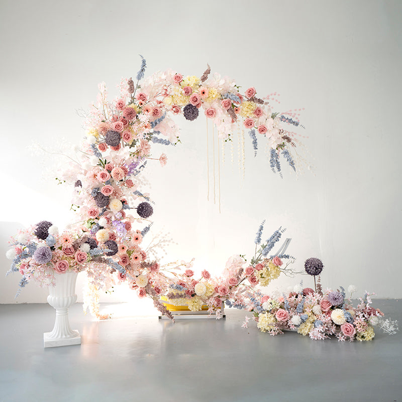 Dreamy Pastel Crescent Wedding Arch, Artificial Floral Backdrop, Elegant Ceremony Decor & Event Display VA-321