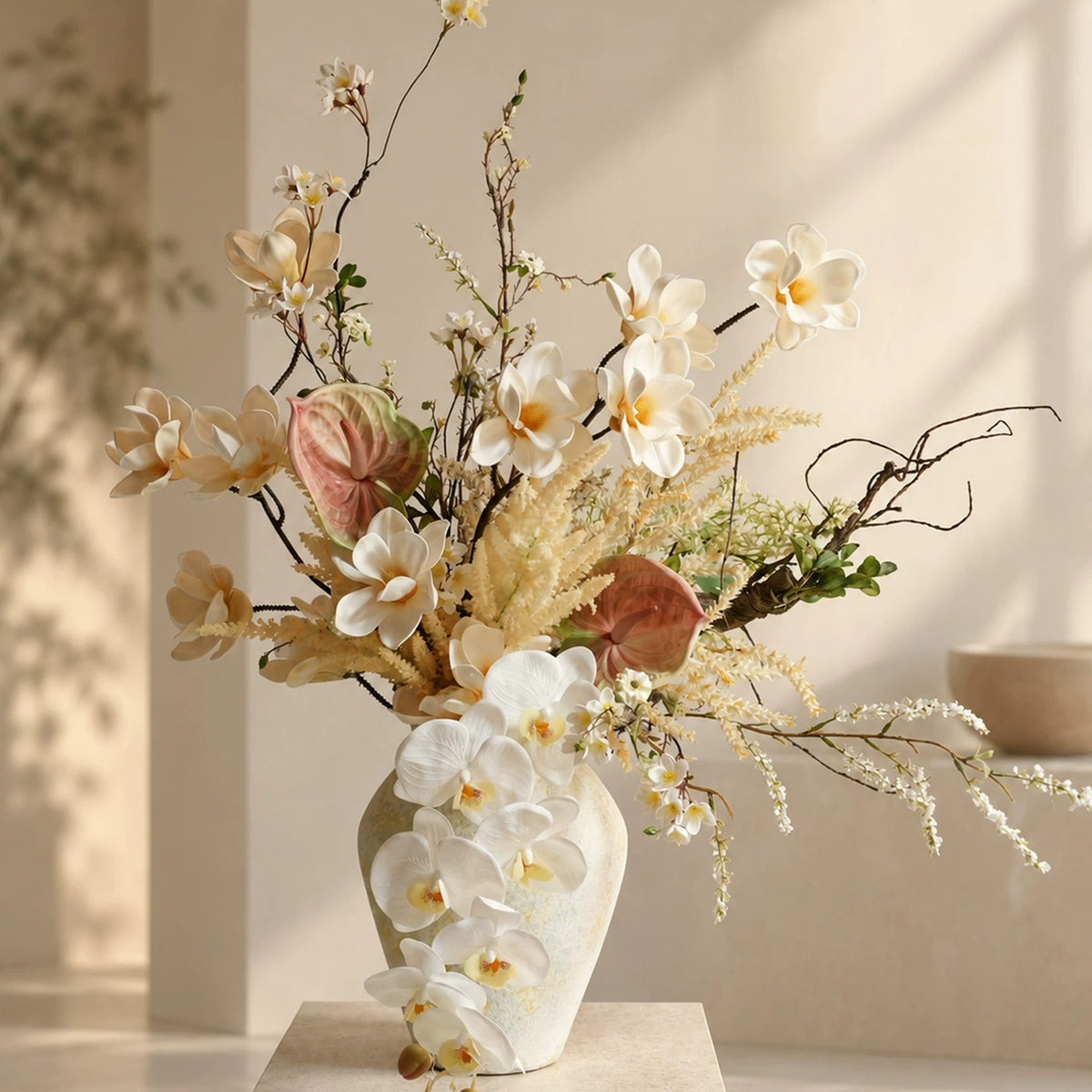 ValarFlower Warm Ivory Artificial Flower Arrangement, Elegant Orchid Anthurium Floral Decor for Wedding and Home VB-314
