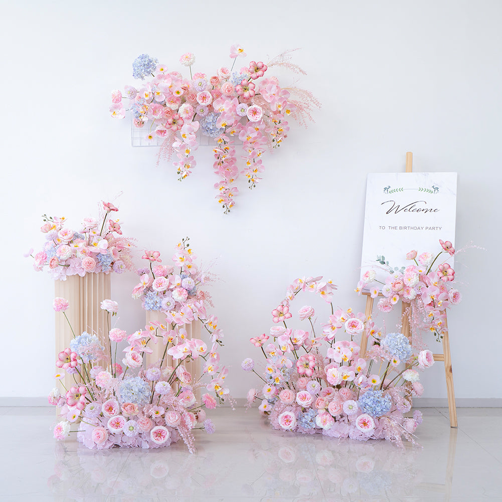 Pfirsich-weißes Kunstblumenarrangement – ​​Romantisches Event-Tisch- und Schild-Styling-Set FA-263