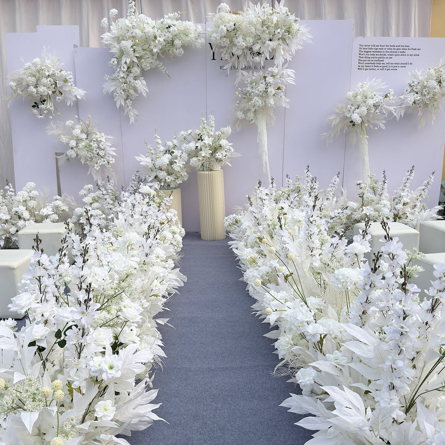 Valar Flower White Floral Aisle Arrangements – Cream Leaf Wedding Floor Flowers & Stage Decor WF-123