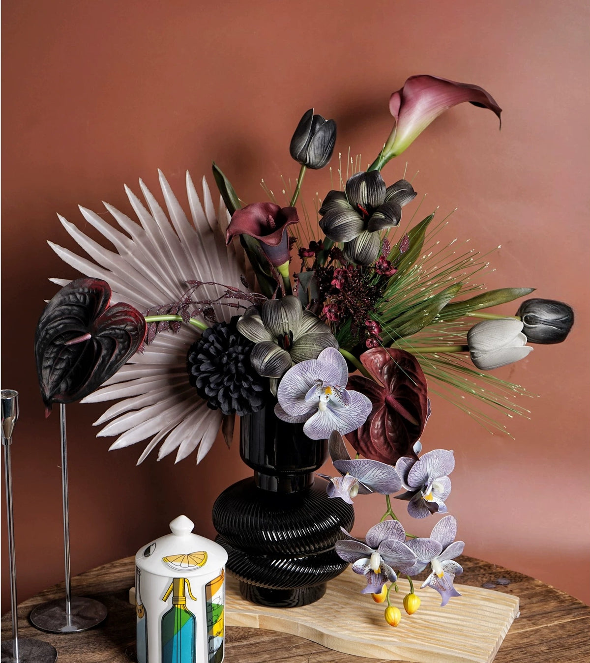 ValarFlower Moody Black Artificial Flower Arrangement, Dark Orchid Anthurium Floral Decor for Home and Event Styling VB-304