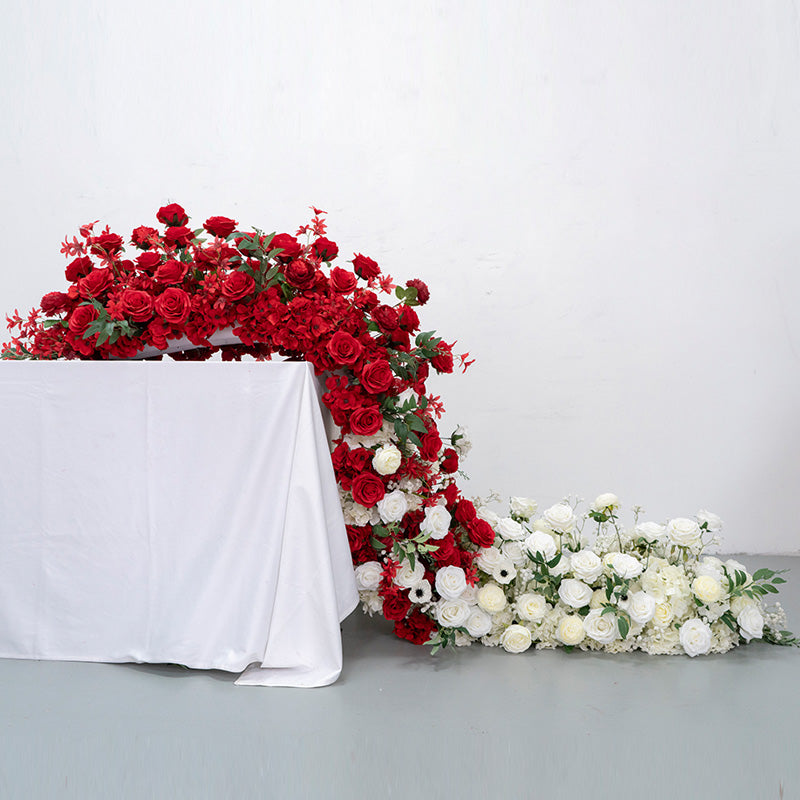 Elegant Red and White Floral Wedding Table Runner, Artificial Flower Arrangement, Reception Decor & Event Display FA-222