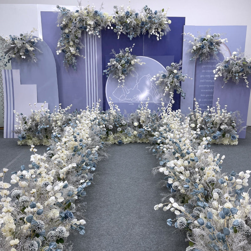 Valar Flower Smoky Blue Wedding Floral Set — Faux Flower Backdrop, Stage Decor, Aisle Runner & Ground Arrangements WF-106