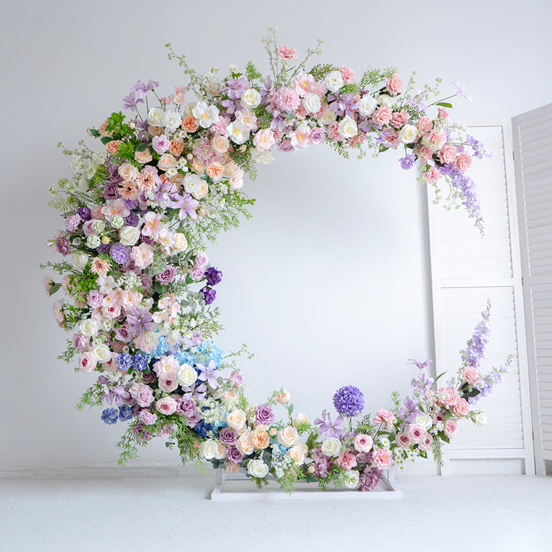 Whimsical Pastel Crescent Wedding Arch, Artificial Floral Backdrop, Romantic Ceremony Decor & Event Display VA-320