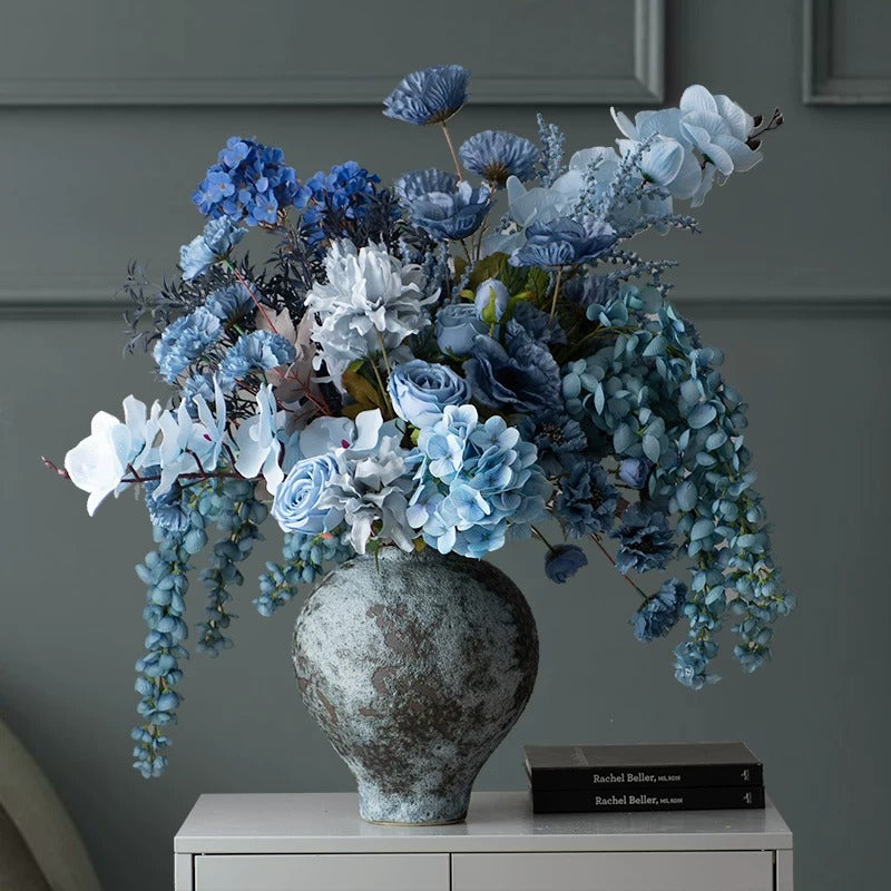 ValarFlower Dusty Blue Artificial Flower Arrangement, Elegant Vase Floral Decor with Roses, Hydrangeas and Orchids VB-273