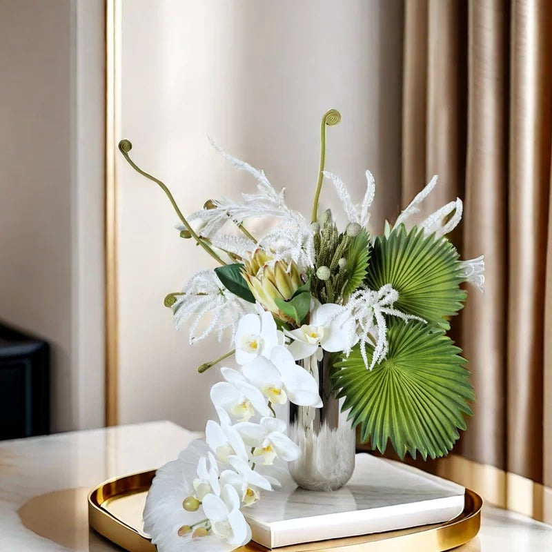 ValarFlower White Orchid Artificial Floral Arrangement, Modern Tropical Flower Decor with Green Palm Leaves VB-280