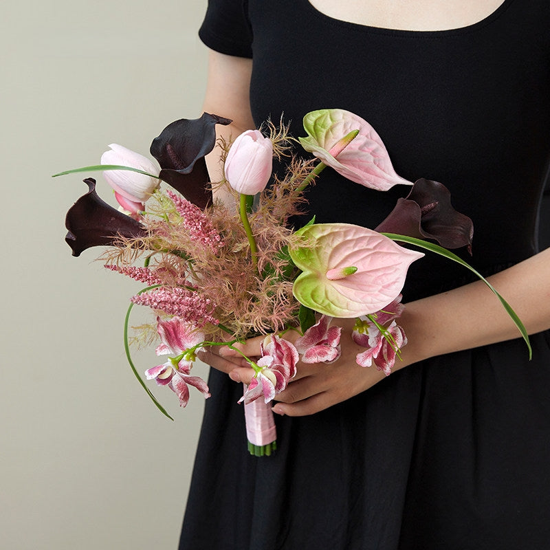 ValarFlower Modern Artificial Bridal Bouquet, Pink Anthurium & Black Calla Lily Faux Flower Bouquet for Bride, Bridesmaid, Wedding Ceremony & Photoshoot VB-259