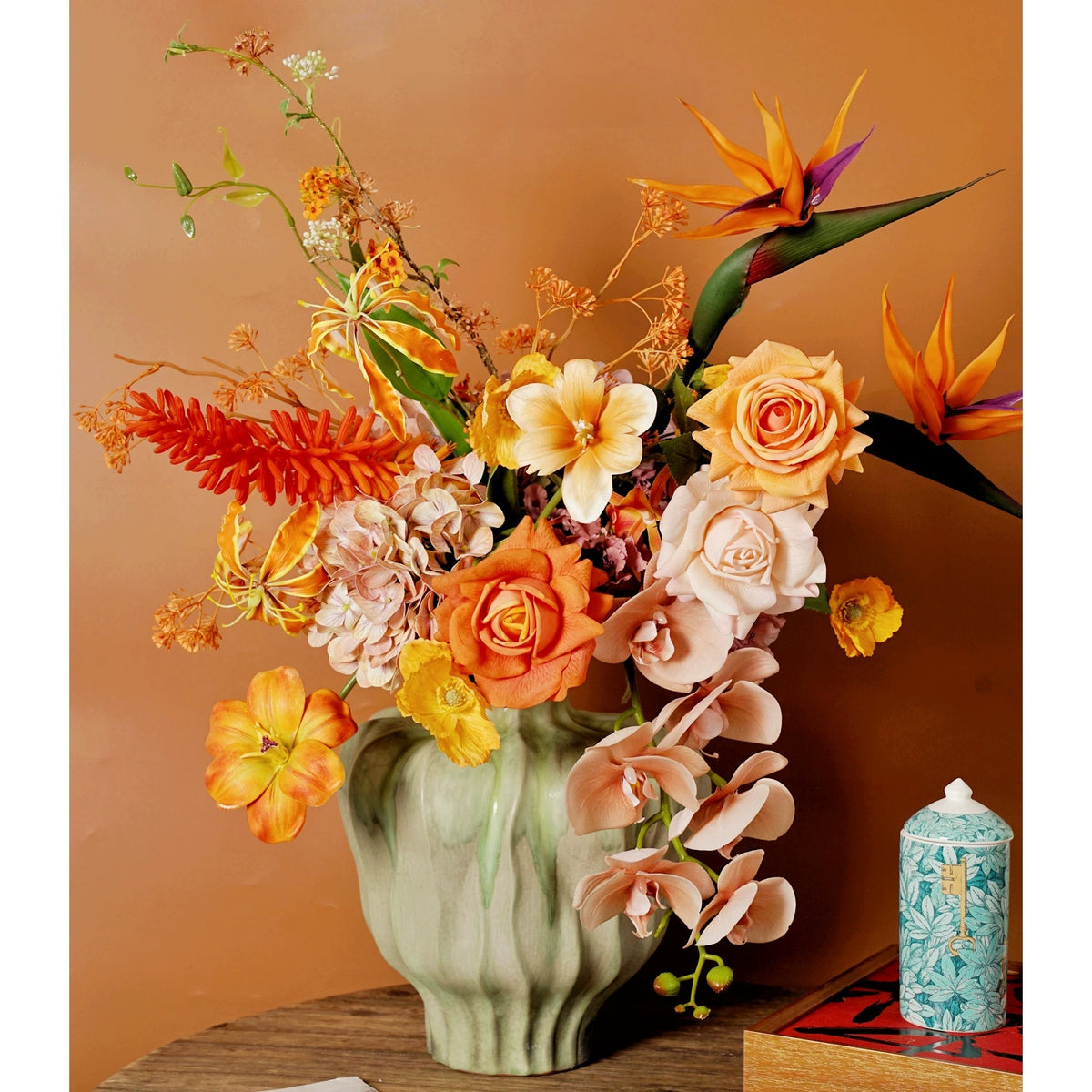 ValarFlower Golden Orange Artificial Flower Arrangement, Tropical Orchid Rose Floral Decor for Home and Event Styling VB-292