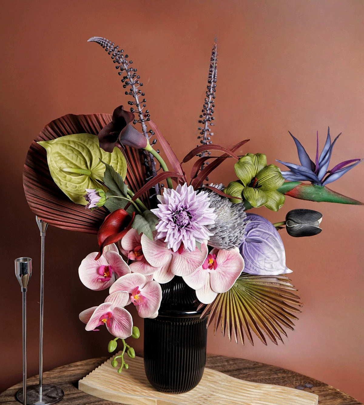 ValarFlower Moody Pink Artificial Flower Arrangement, Dark Tropical Orchid Floral Decor for Home and Event Styling VB-305