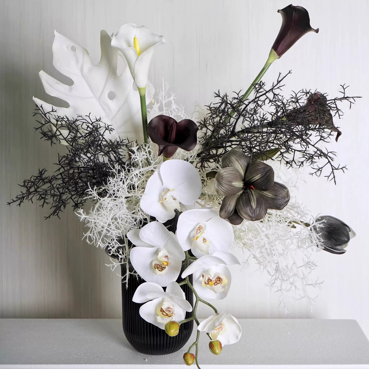 ValarFlower Black White Artificial Orchid Flower Arrangement, Modern Calla Lily Floral Decor for Wedding and Home VB-279