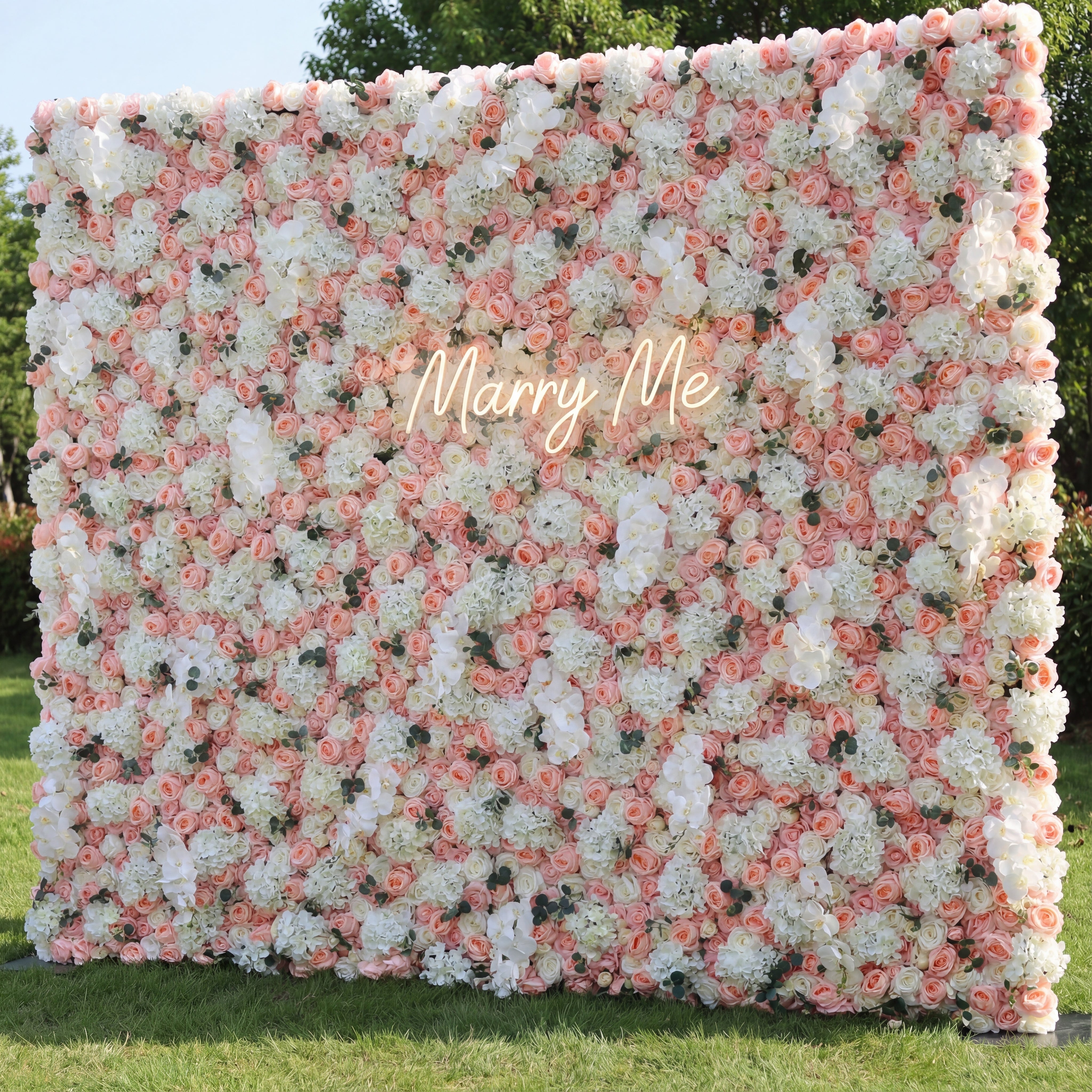 Valar Flowers Roll Up Fabric Artificial Petite Orchid and Brandy Rose with White Roses Flower Wall Wedding Backdrop, Floral Party Decor, Event Photography-VF-027