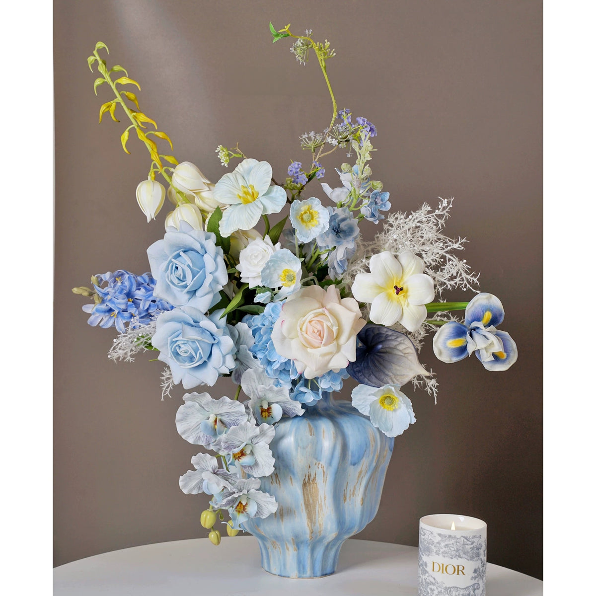 ValarFlower Dusty Blue Artificial Flower Arrangement, Elegant Orchid Rose Floral Decor for Wedding and Home VB-291