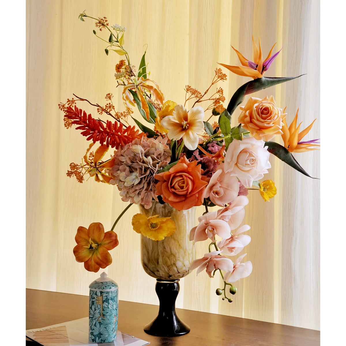 ValarFlower Golden Orange Artificial Flower Arrangement, Tropical Orchid Rose Floral Decor for Home and Event Styling VB-292
