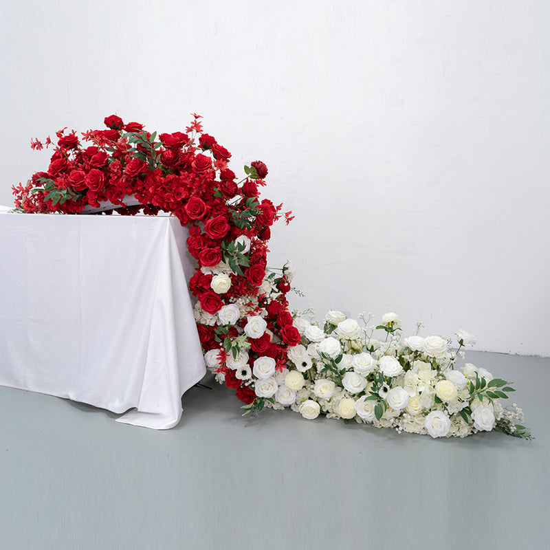 Elegant Red and White Floral Wedding Table Runner, Artificial Flower Arrangement, Reception Decor & Event Display FA-222