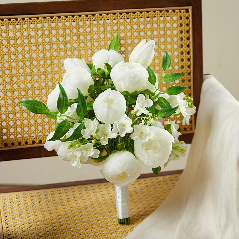 ValarFlower Artificial White Peony Bridal Bouquet, Elegant Faux Wedding Bouquet with Greenery for Bride, Bridesmaid & Ceremony Decor VB-260