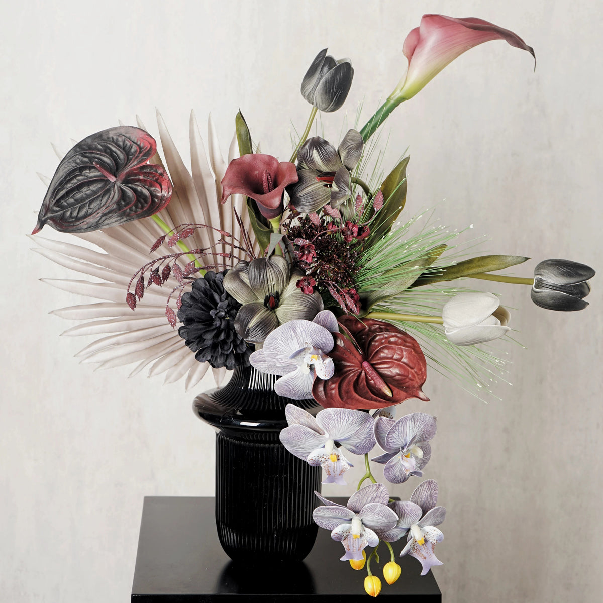 ValarFlower Moody Black Artificial Flower Arrangement, Dark Orchid Anthurium Floral Decor for Home and Event Styling VB-304