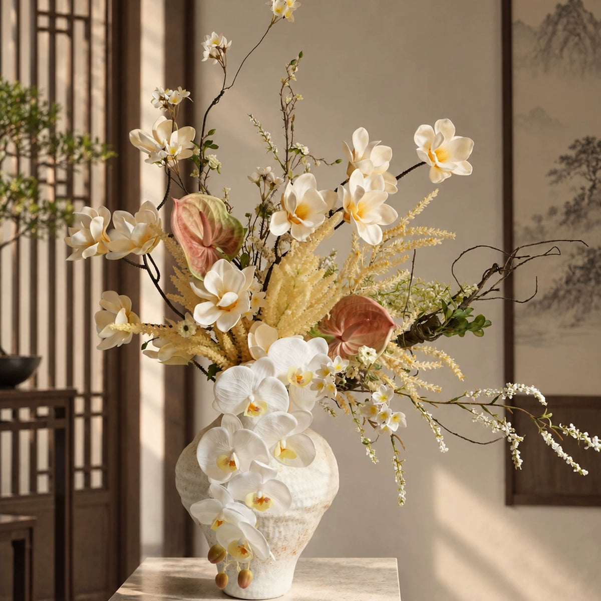 ValarFlower Warm Ivory Artificial Flower Arrangement, Elegant Orchid Anthurium Floral Decor for Wedding and Home VB-314