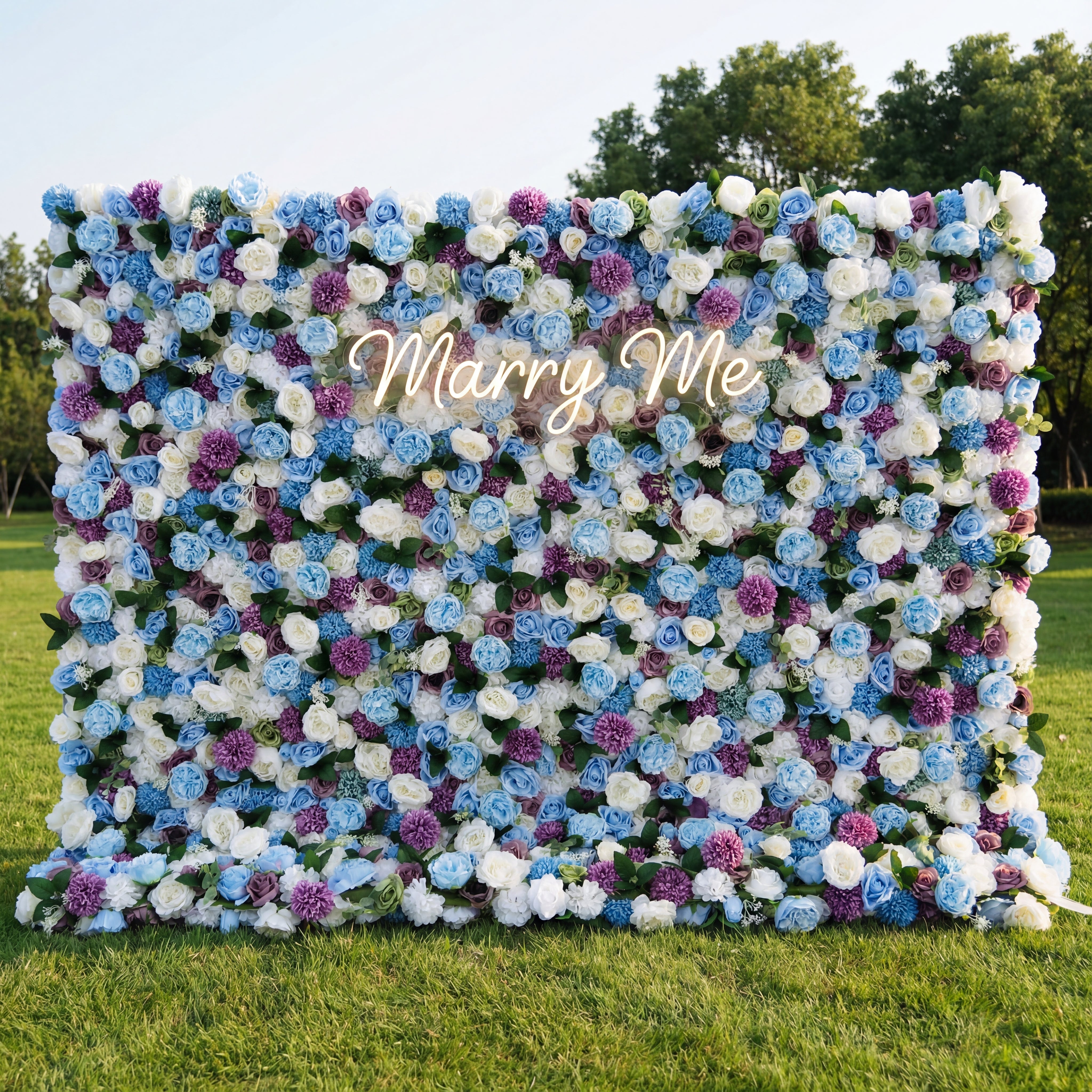 Valar Flowers Roll Up Fabric Artificial Mix Purple White and Blue Flower Wall Wedding Backdrop, Floral Party Decor, Event Photography-VF-036