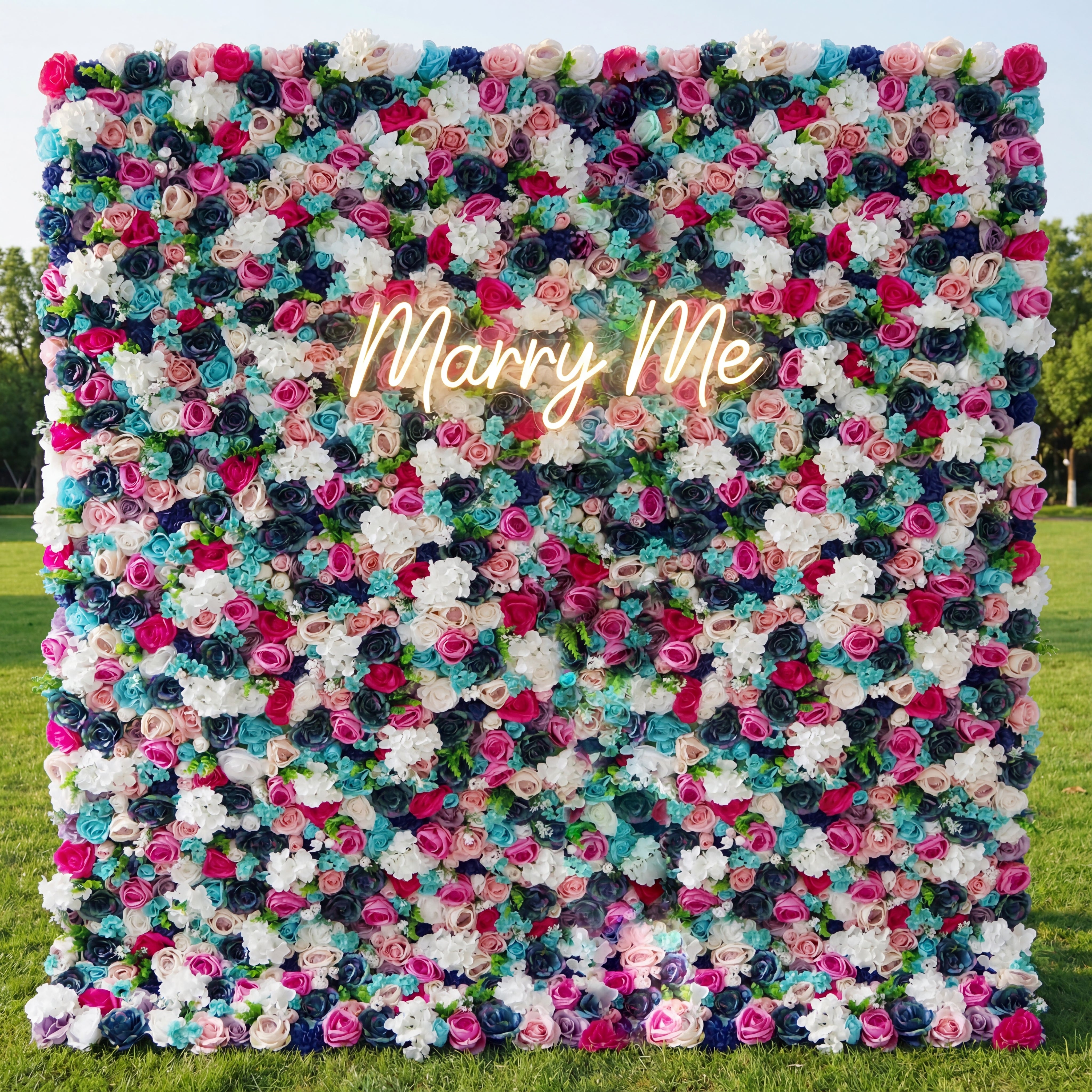 Valar Flowers Roll Up Fabric Artificial Mix Purple White Rose Red and Blue Flower Wall Wedding Backdrop, Floral Party Decor, Event Photography-VF-037