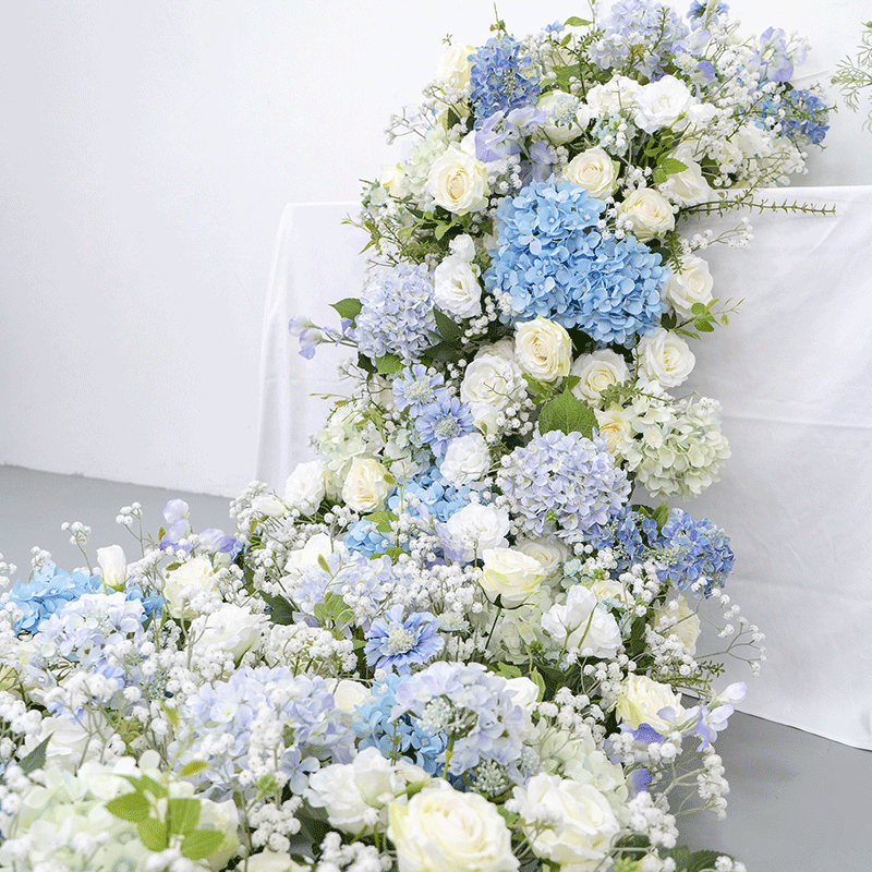 Elegant Blue and White Floral Wedding Table Runner, Artificial Flower Arrangement, Reception Decor & Event Display FA-215