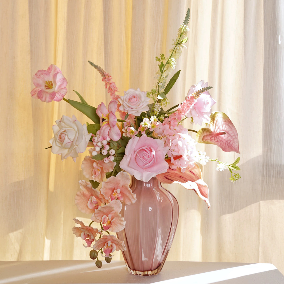 ValarFlower Soft Pink Artificial Flower Arrangement, Romantic Rose Orchid Floral Decor for Wedding and Home VB-302