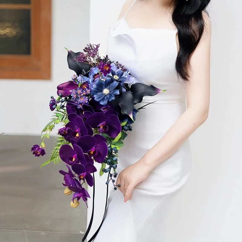 ValarFlower Artificial Bridal Bouquet, Cascading Purple Orchid Wedding Bouquet with Calla Lily & Blue Flowers for Bride Decor VB-319
