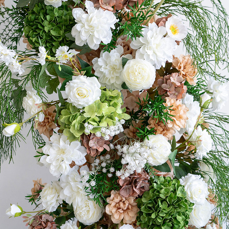 ValarFlower Luxury Asymmetrical Floral Wedding Arch, Artificial Flower Ceremony Backdrop with Greenery and White Peach Roses, Romantic Garden Wedding Decor, Event Entrance Decoration VA-413